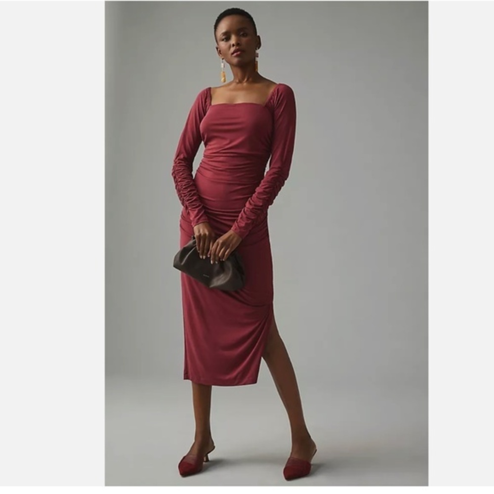 By Anthropologie Square Neck Knit Ruched Midi Long Sleeve Dress Nwt L